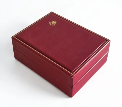 Rolex watch box Dark red with beige inner lining and outer box 14.00.02 Circa 1990s