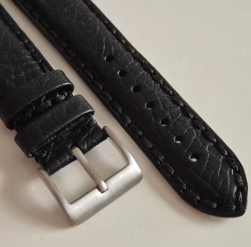 22mm Black leather watch strap thick stitching Napoli style with stainless steel pin buckle