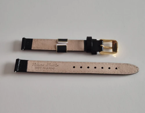 12mm Extra long Black leather watch strap Alligator grain with Gold plated pin buckle
