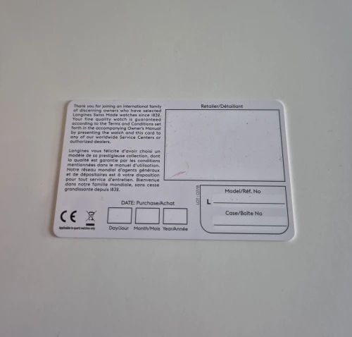 Longines blank warranty card Circa 2016-2018