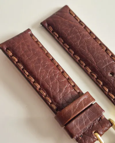 22mm Brown leather watch strap thick stitching Napoli style with gold plated buckle