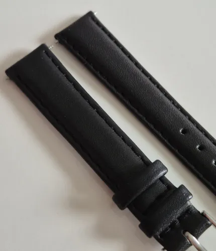 14mm Black leather watch strap calf grain with stainless steel pin buckle
