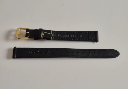 12mm Extra long Black leather watch strap with gold plated pin buckle