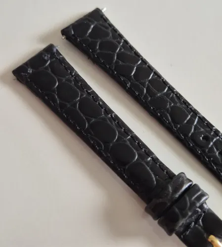 14mm Black leather watch strap Crocodile grain with tapered gold plated pin buckle