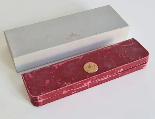 Omega Red flat watch box with gold tone medallion & Outer box