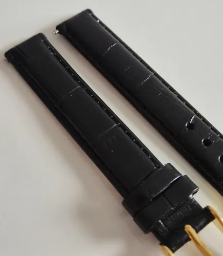 14mm Extra long black leather watch strap Alligator grain with gold plated pin buckle