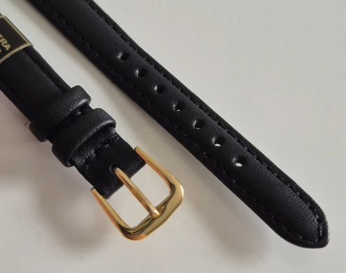 12mm Extra long Black leather watch strap with gold plated pin buckle