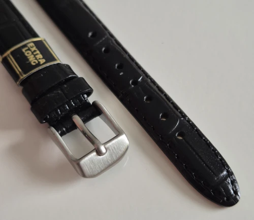12mm Extra long Black leather watch strap Alligator grain with stainless steel pin buckle