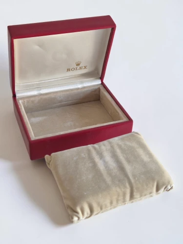 Rolex watch box Dark red with beige inner lining and outer box 14.00.02 Circa 1990s