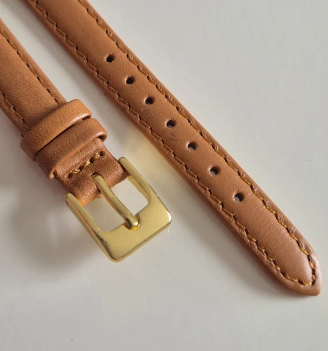 12mm Tan brown leather watch strap light padding with gold plated pin buckle