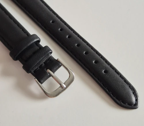14mm Black leather watch strap calf grain with stainless steel pin buckle