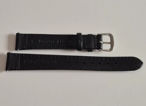 14mm Black leather watch strap calf grain with stainless steel pin buckle