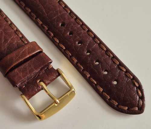 22mm Brown leather watch strap thick stitching Napoli style with gold plated buckle