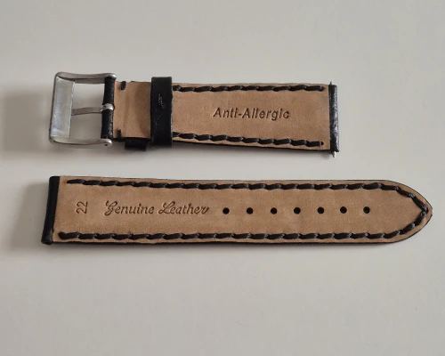 22mm Black leather watch strap thick stitching Napoli style with stainless steel pin buckle