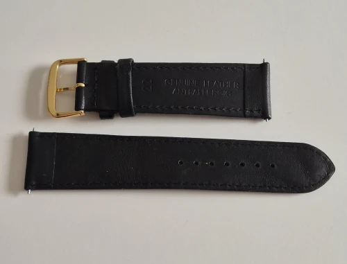 22mm Black leather watch strap Classic calf grain with gold plated pin buckle