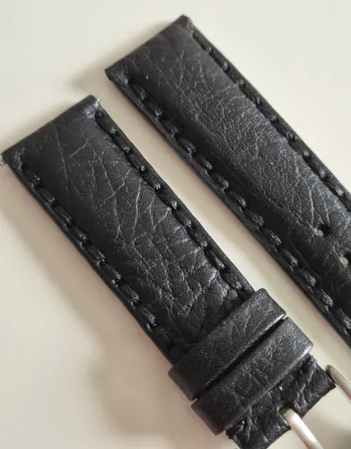 22mm Black leather watch strap thick stitching Napoli style with stainless steel pin buckle