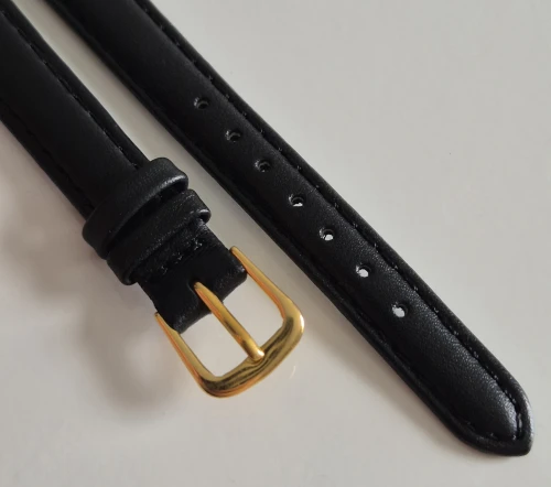 12mm Black leather watch strap calf grain with gold plated pin buckle